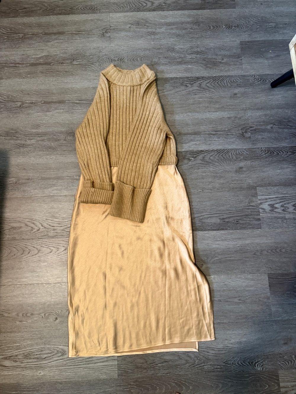 Neutral Ribbed Knit Sweater with Slip Skirt Dress